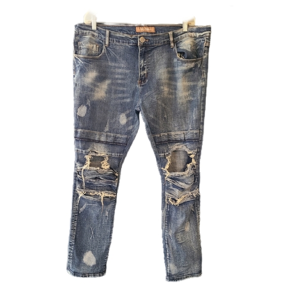 CRYSP DENIM DESTRUCTION DISTRESSED MOTO JEANS - Picture 2 of 4
